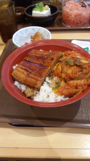 Kimchi unagi don (rice bowl with eel and korean spices) at the Sukiya. Cheap and tasty